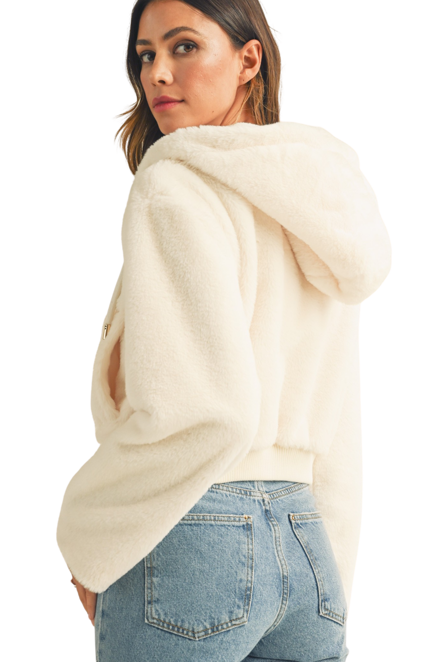Faux Fur Hoodie Zip Up Crop Jacket