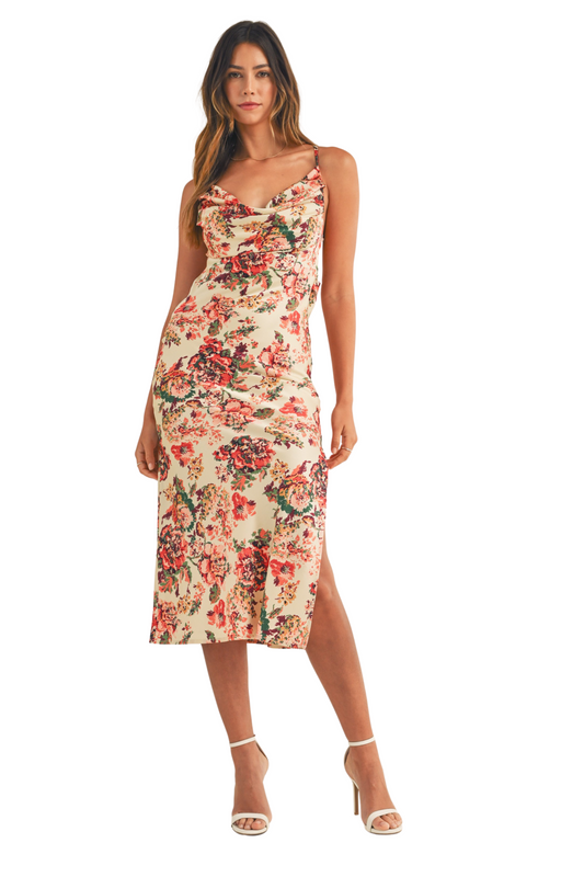 Satin Floral Print Cowl Neck Drape Midi Dress
