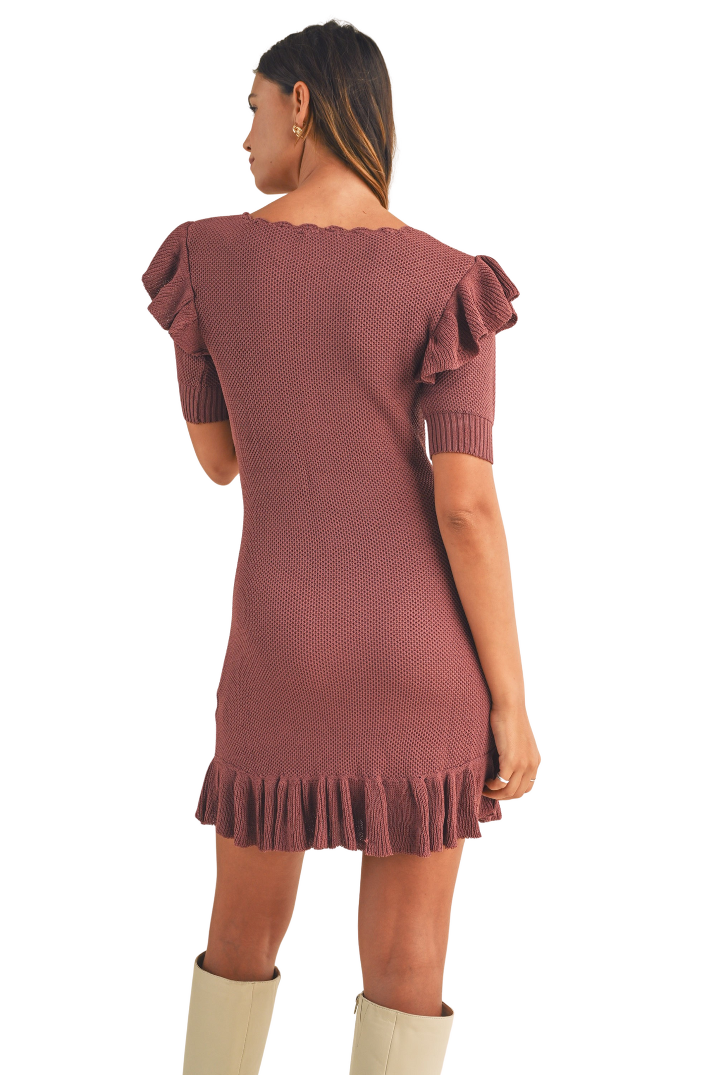 Knit Short Sleeve Shoulder Ruffle Mini Dress