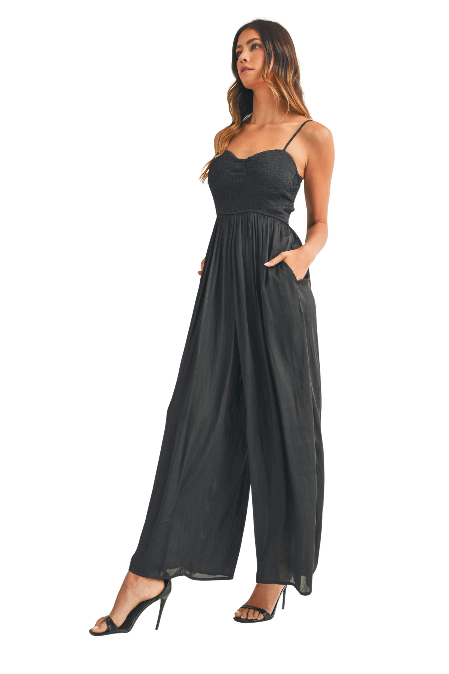 Satin Spaghetti Strap Smocked Bust Jumpsuit