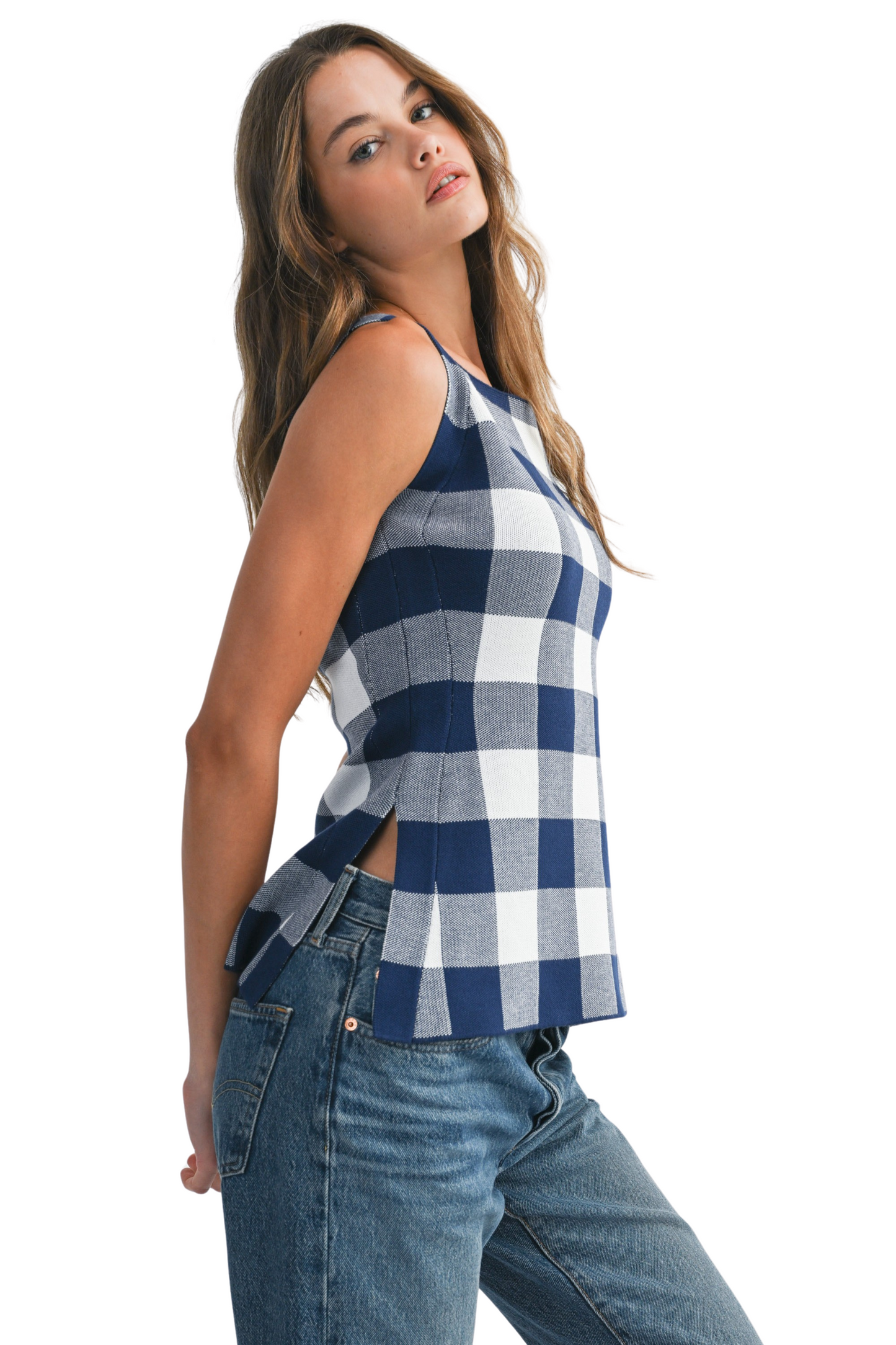 Gingham Plaid Knit Top with Side Slit Seams