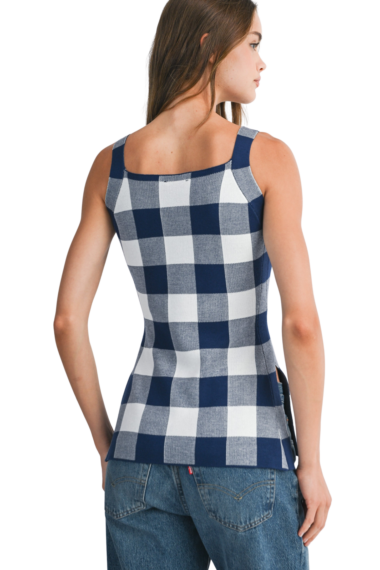 Gingham Plaid Knit Top with Side Slit Seams