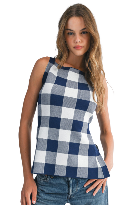 Gingham Plaid Knit Top with Side Slit Seams