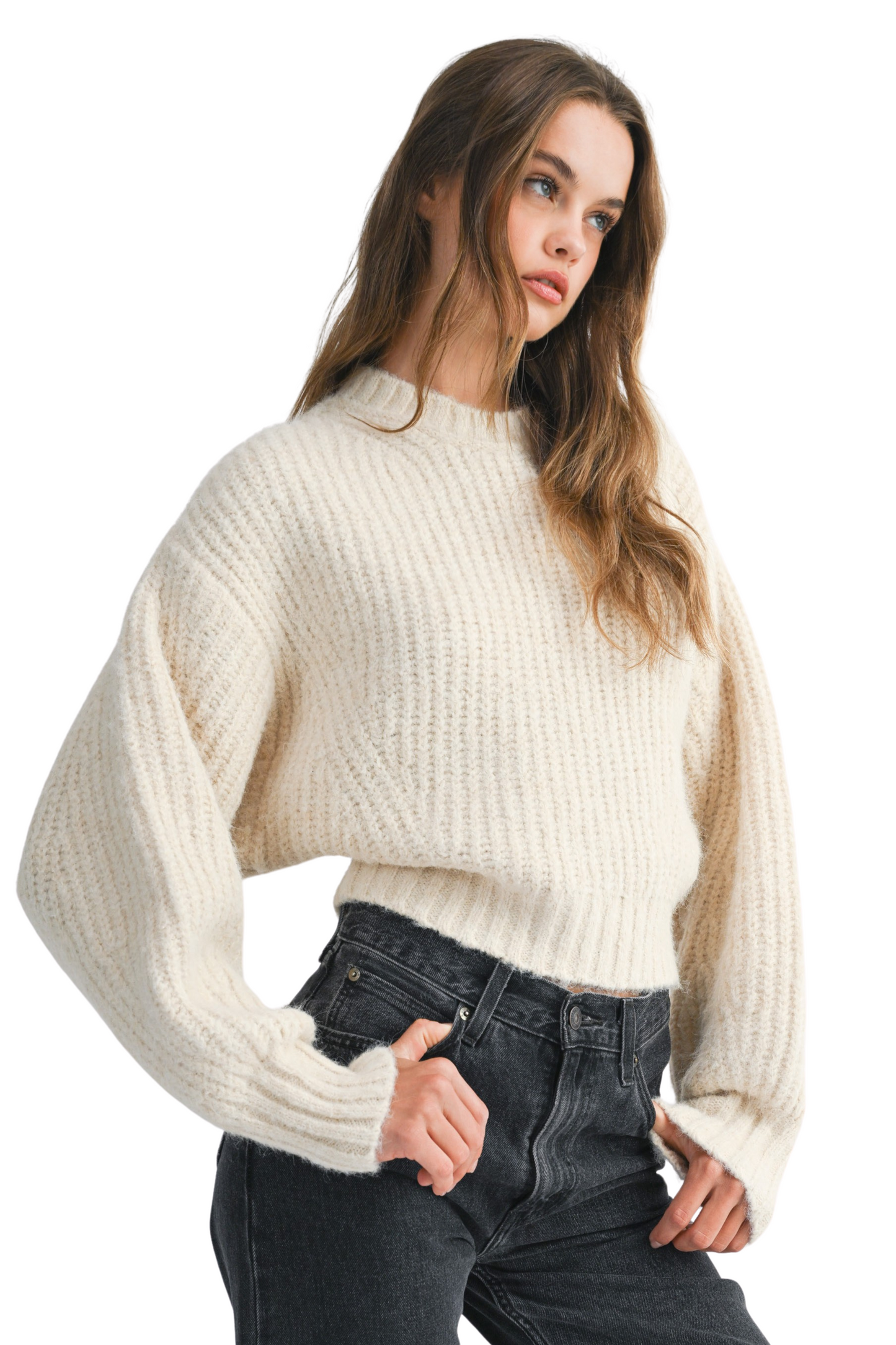 Long Slouchy Sleeve Chunky Ribbed Knit Sweater