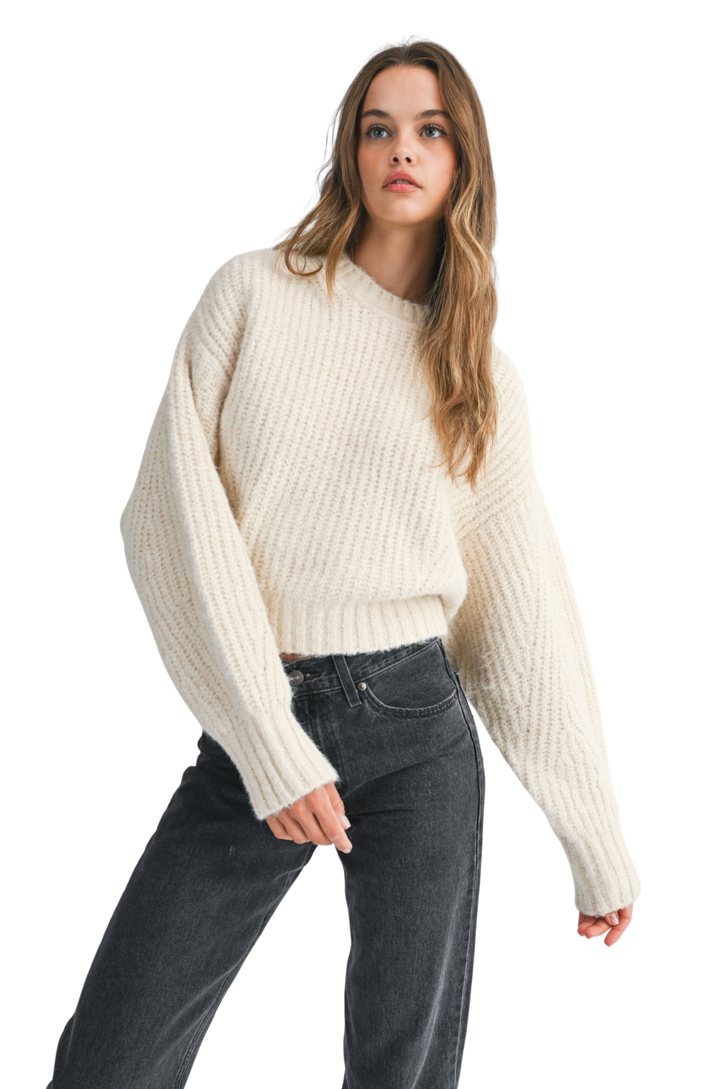 Long Slouchy Sleeve Chunky Ribbed Knit Sweater