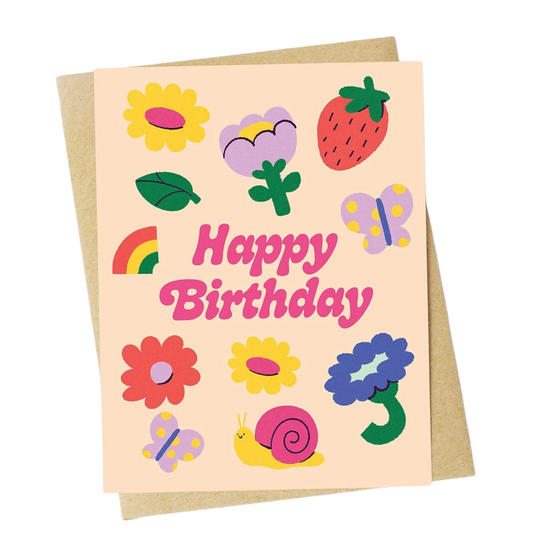 Happy Birthday Flowers & Cute Icons Spring Peach Card