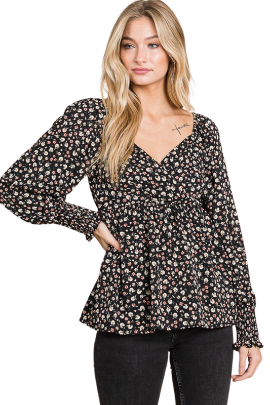 Flowy Ditsy Floral Print Long Sleeve Top