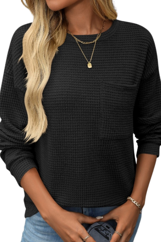 Drop Shoulder Slouchy Pocket Long Sleeve Waffle Knit Tee