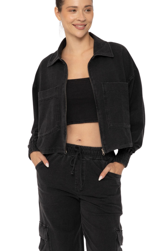 Mineral Washed Boxy Cropped Cotton Jacket