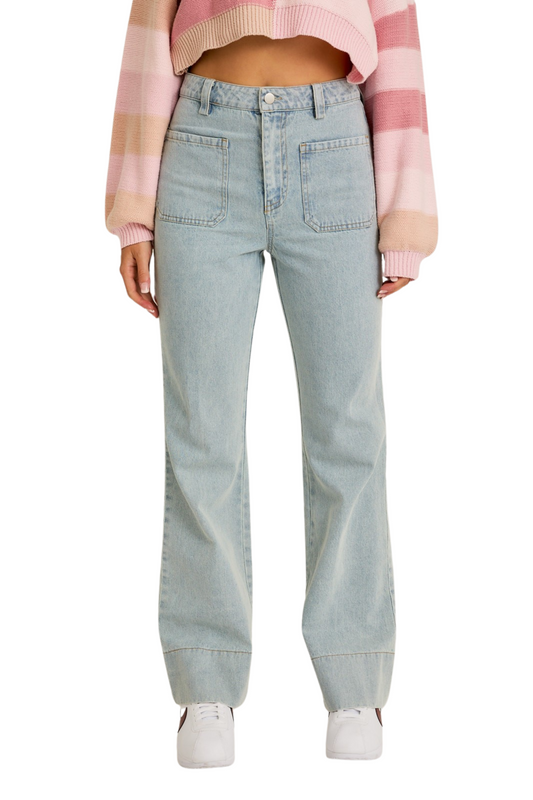 High Waisted Boot Cut Patch Pocket Denim Jeans