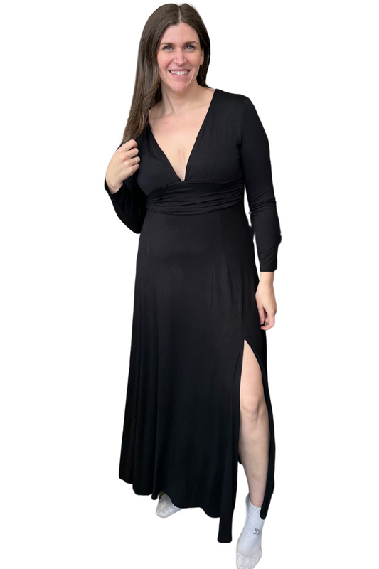 Long Sleeve Maxi Dress with Deep V and Front Slit