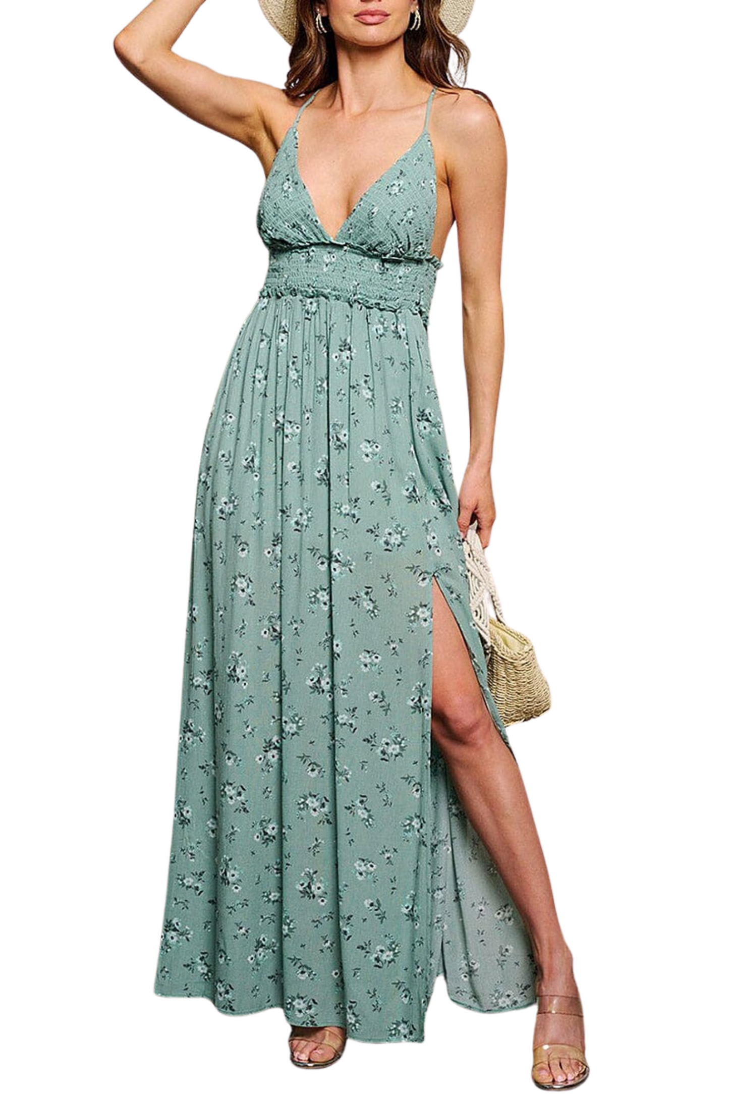 V Neck Open Back Front Slit Floral Maxi Dress