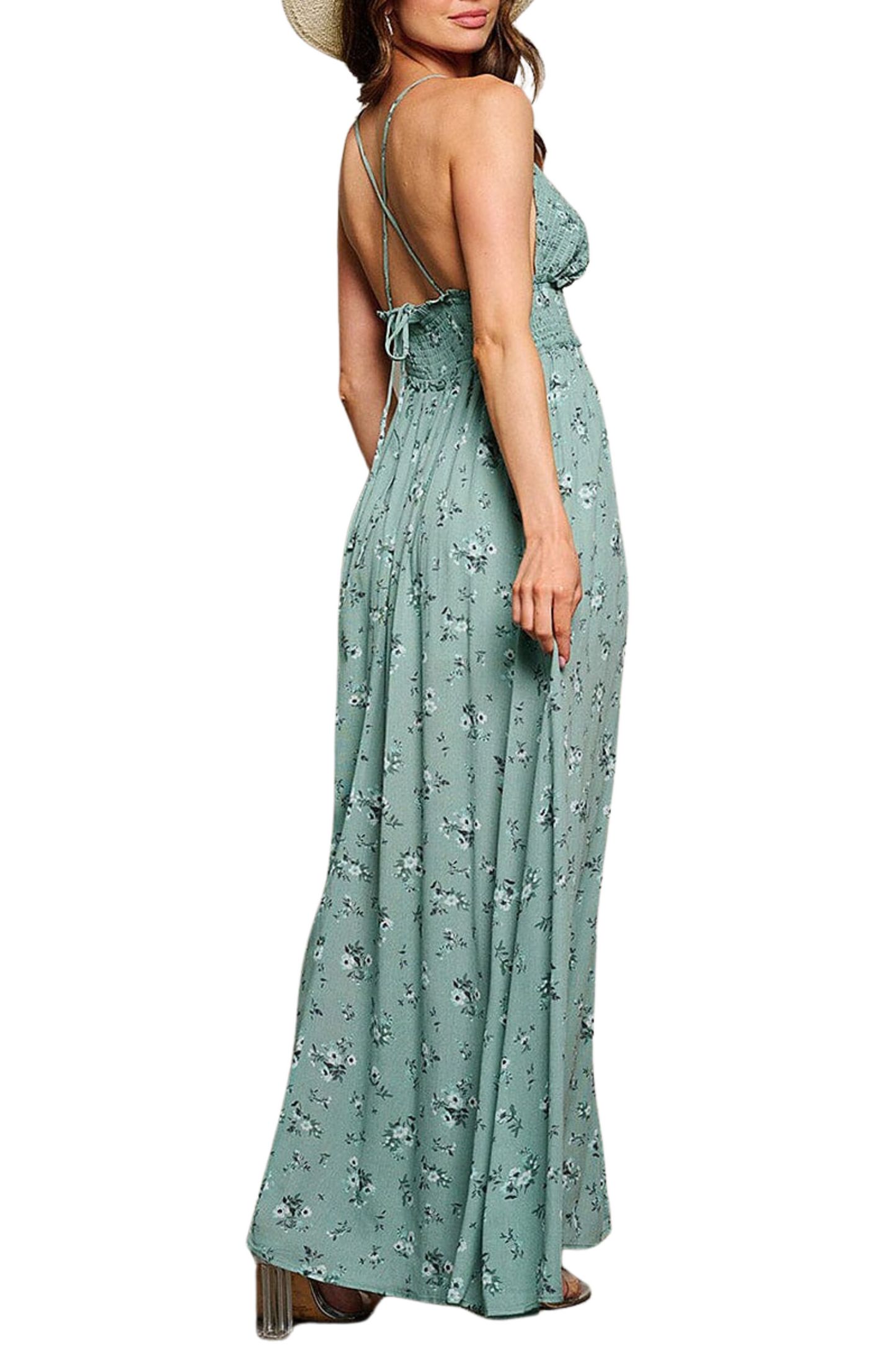 V Neck Open Back Front Slit Floral Maxi Dress