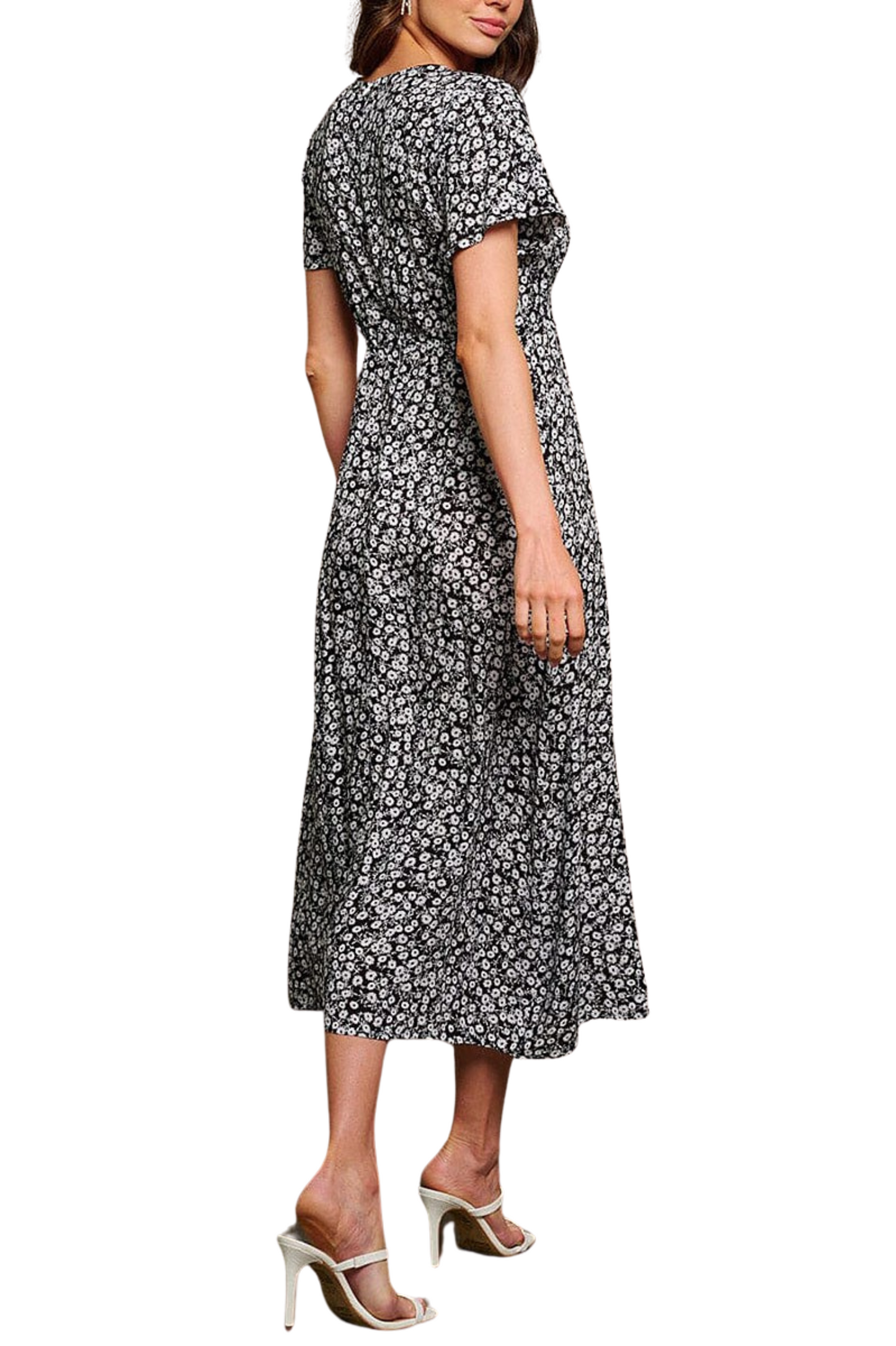 Dainty Floral Short Sleeve Midi Dress with Zipper