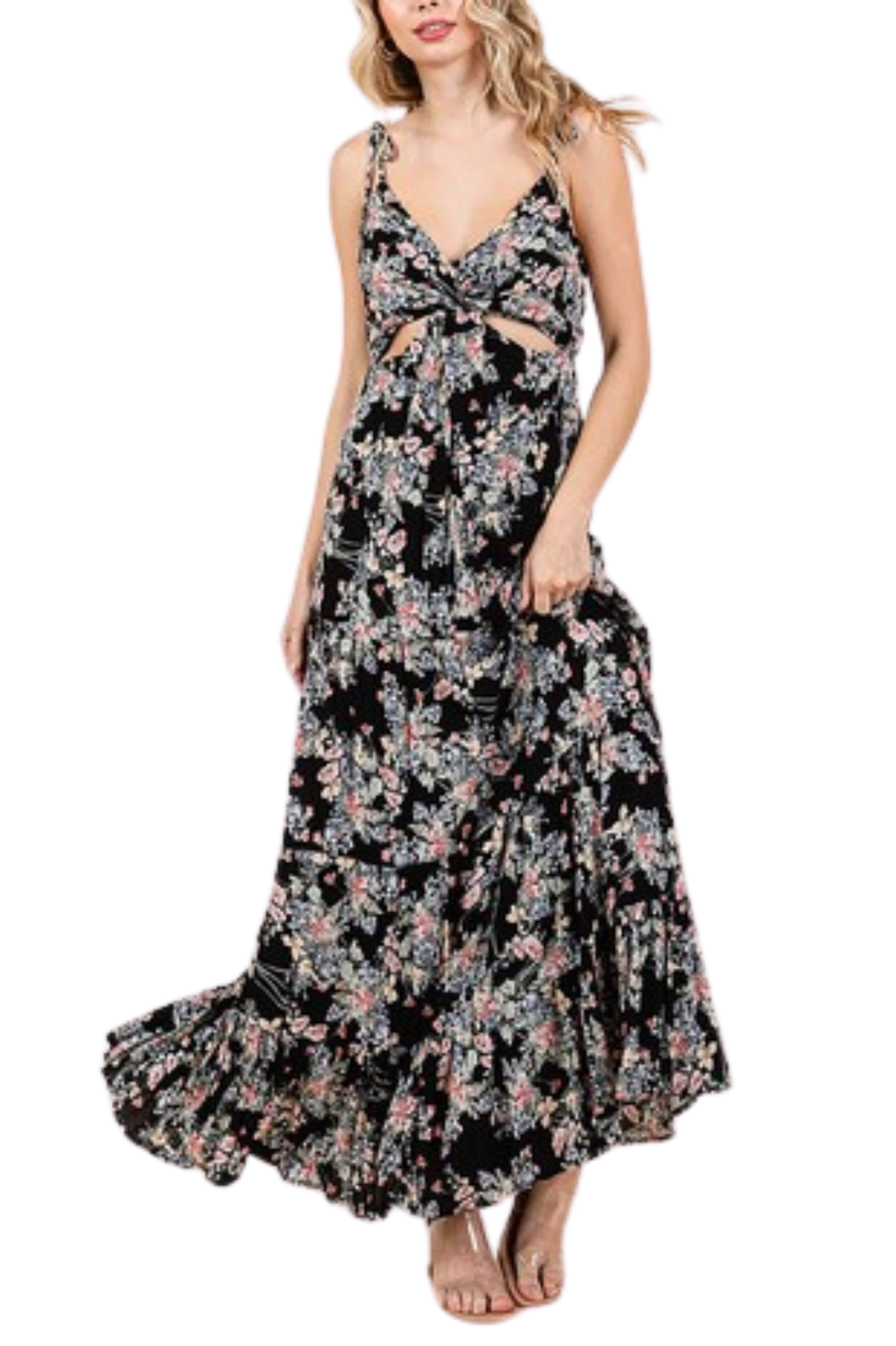 Floral Cut Out Tie Strap Maxi Dress