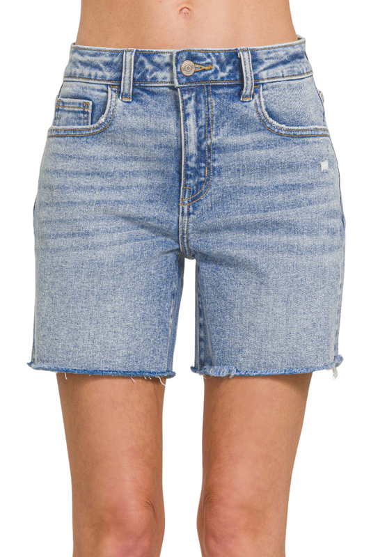 Mid Rise Raw Hem Denim Shorts