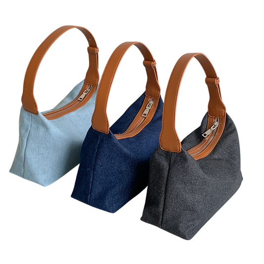 Denim Shoulder Bag With Brown Strap