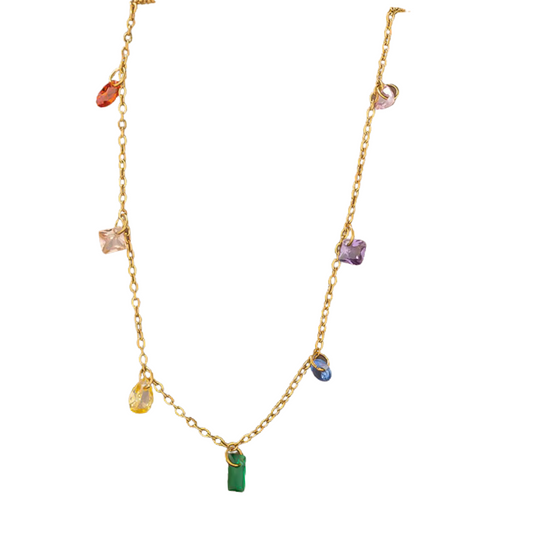 Stainless Steel Delicate Chain Rainbow Crystal Necklace
