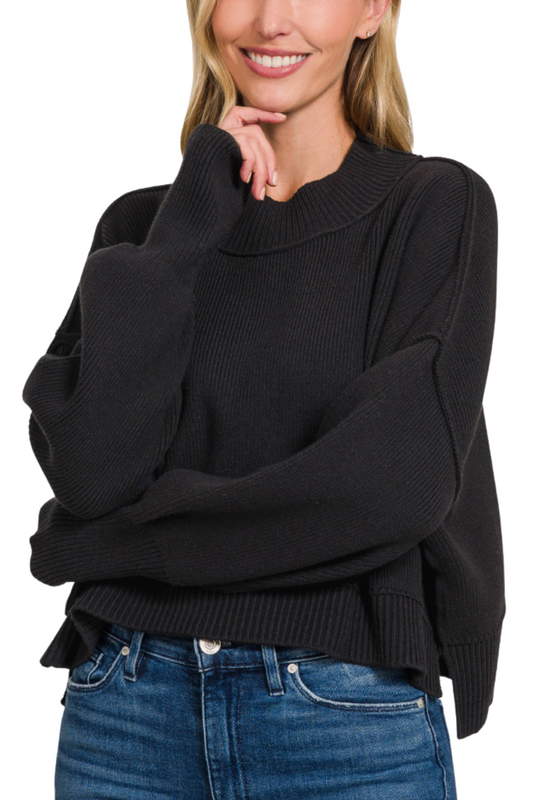 Ribbed Oversized Side Slit Cropped Sweater with Mock Neckline