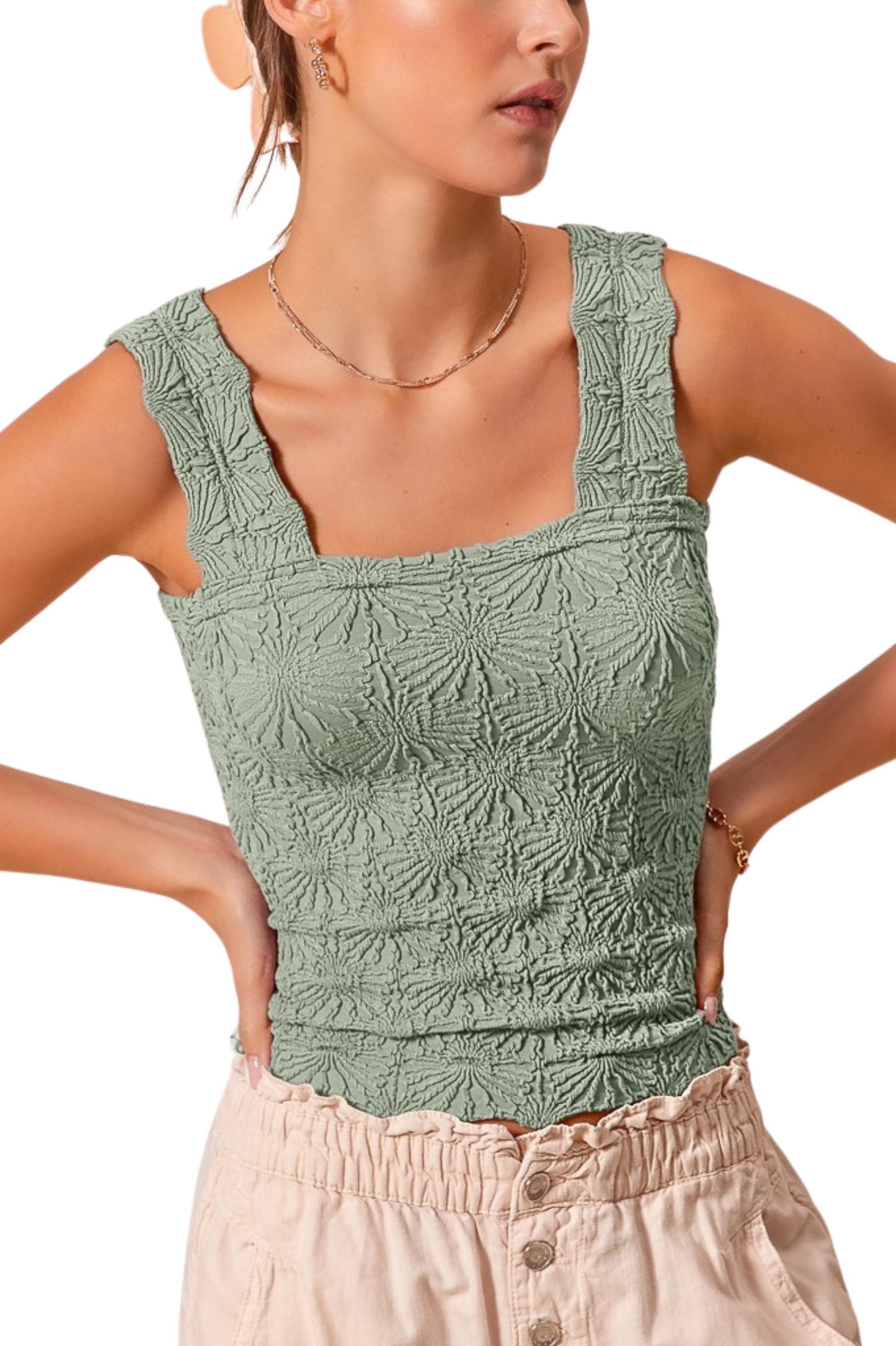 Floral Jacquard Seamless Square Neck Tank