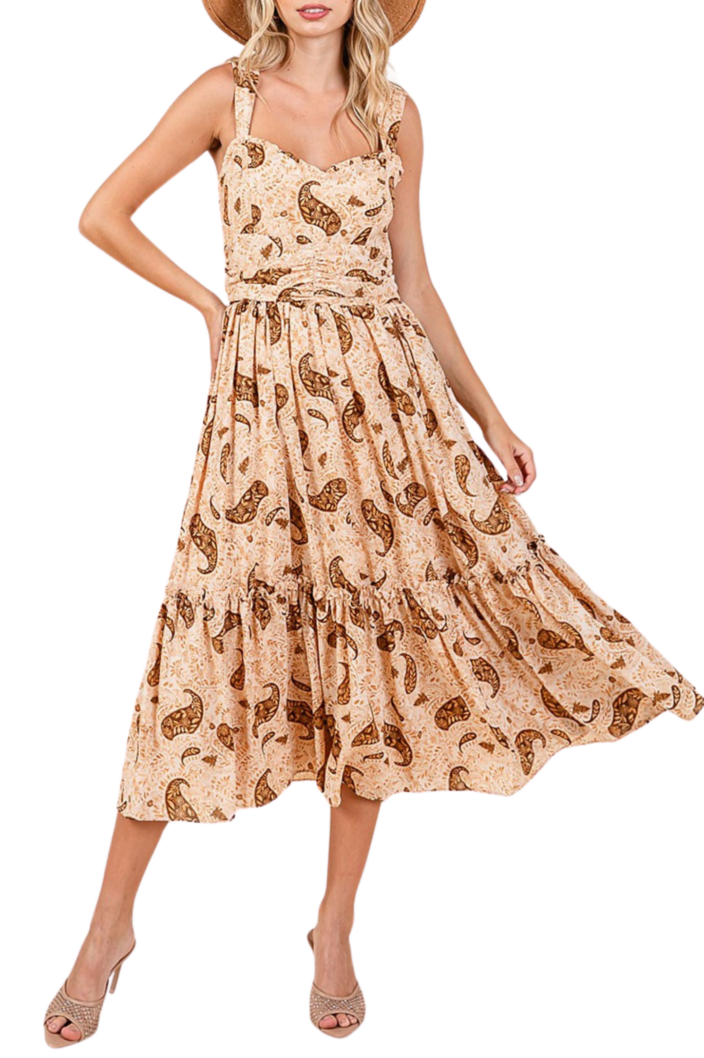 Paisley Print Ruffled Midi Dress