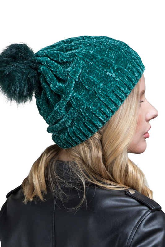 Chenille Knit Beanie with Faux Fur Pom