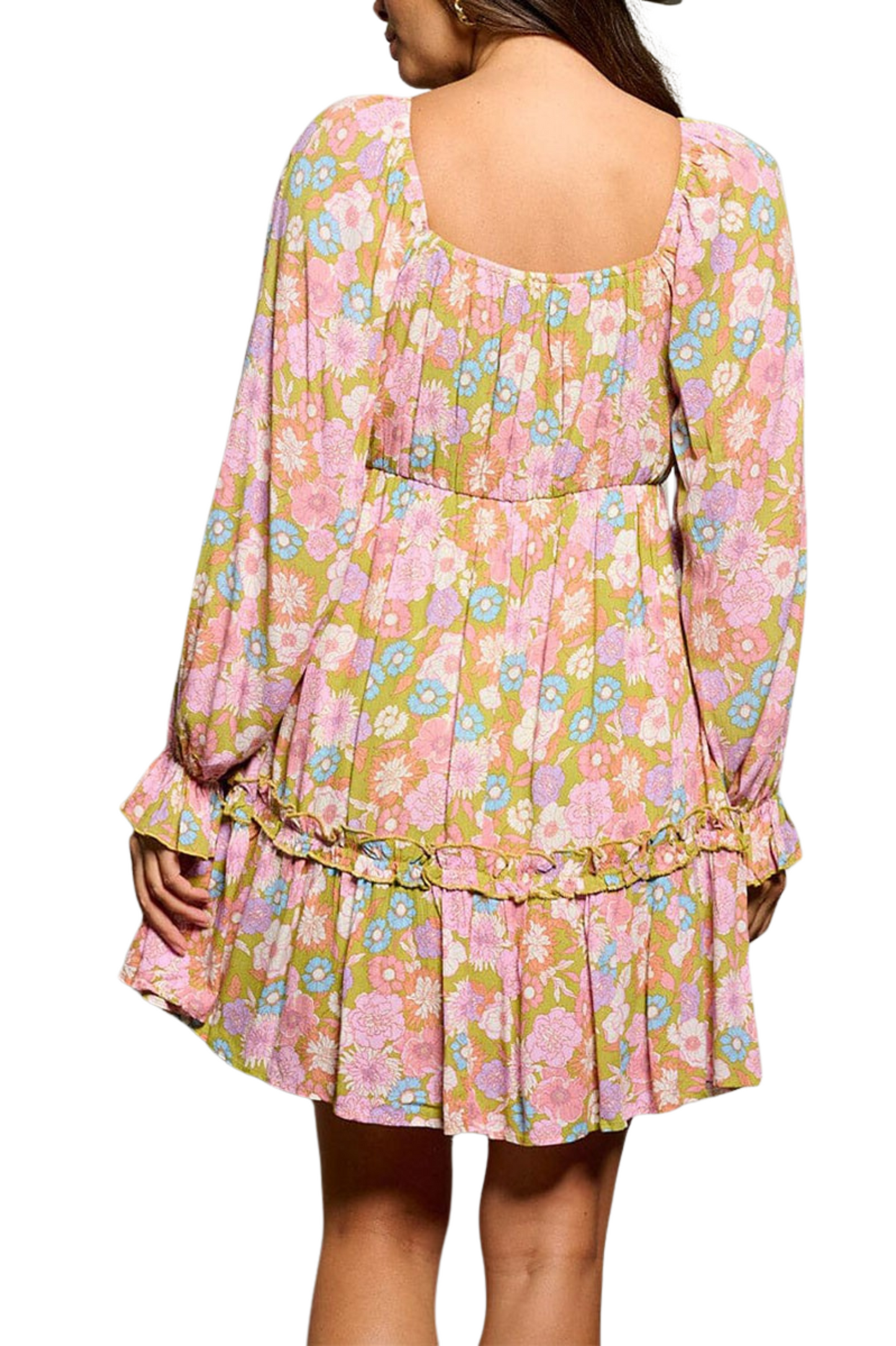 70's Color Floral Long Sleeve Mini Dress