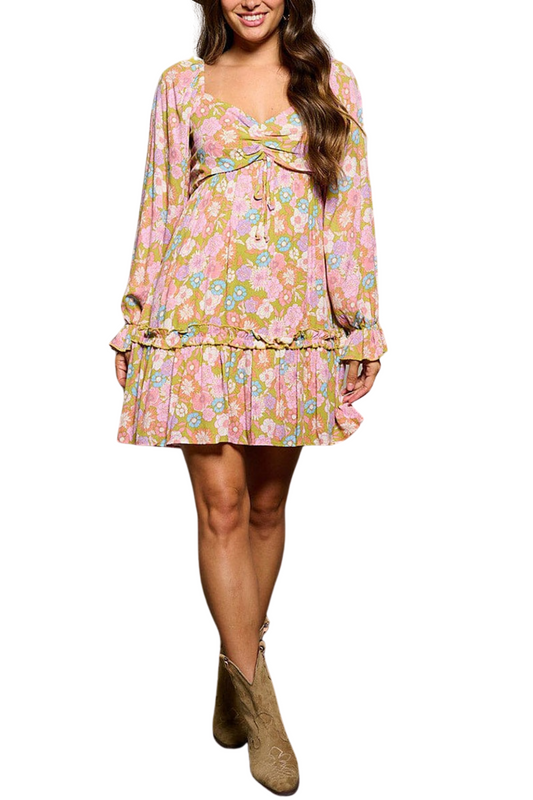 70's Color Floral Long Sleeve Mini Dress