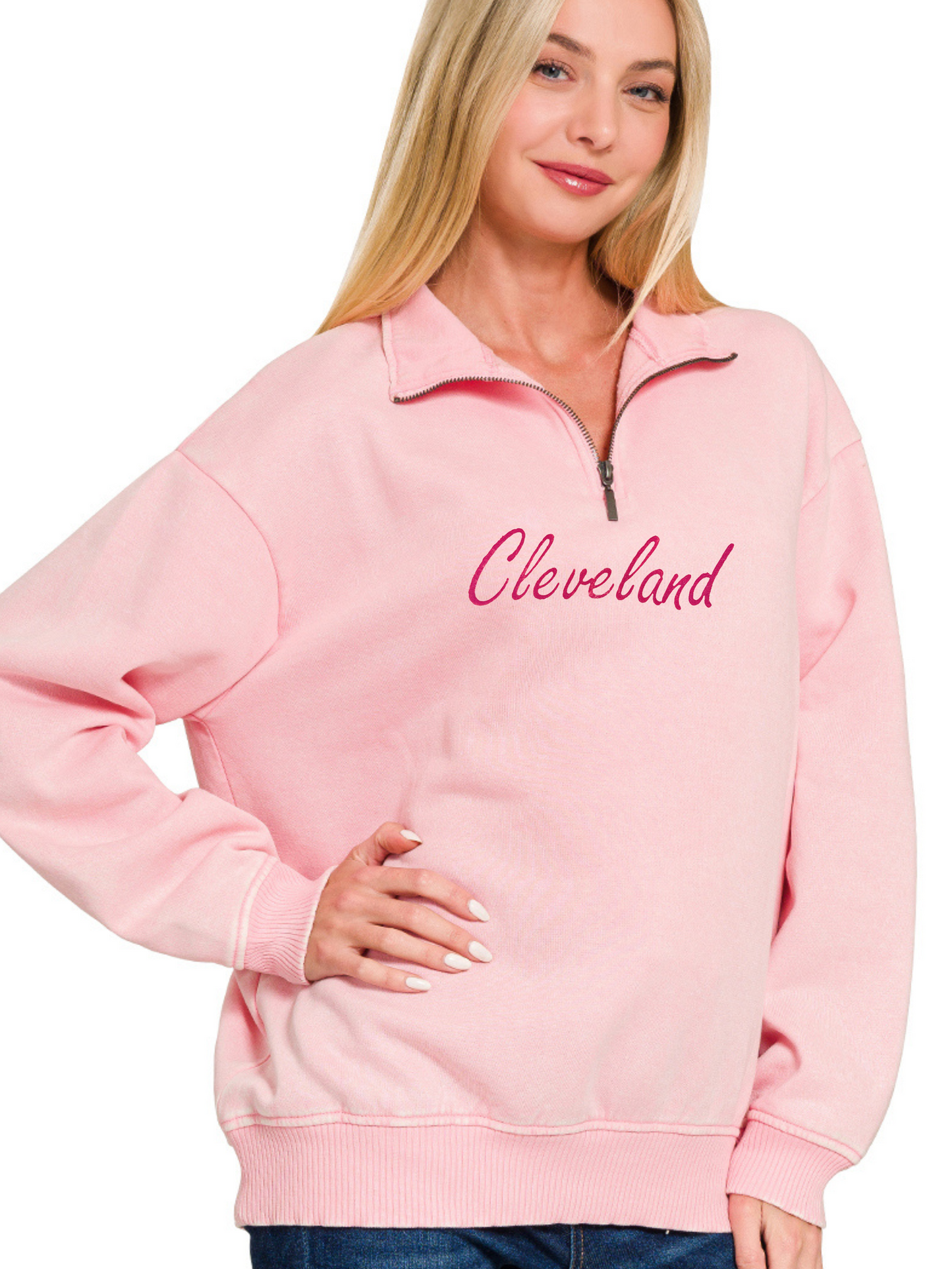 Script Cleveland Hand Stamped Quarter Zip Pullover