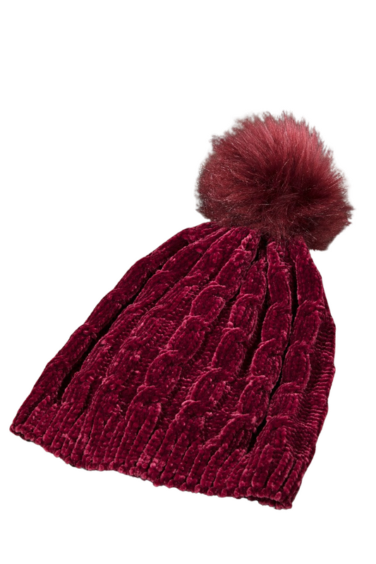 Chenille Knit Beanie with Faux Fur Pom