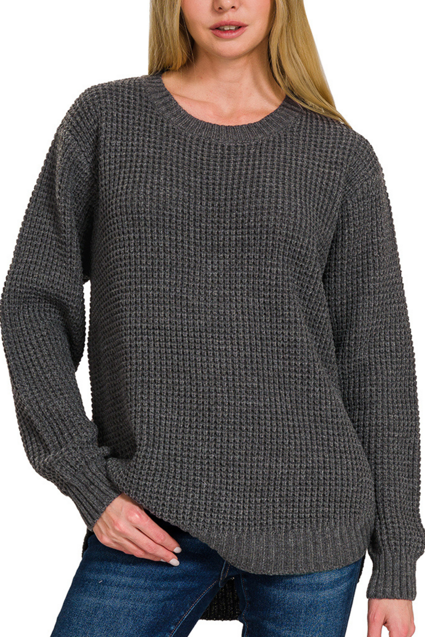 Waffle Knit Crew Neck Sweater