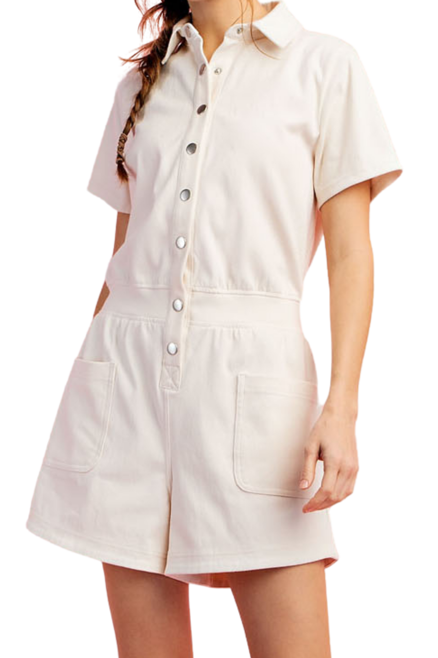 Stretch Twill Short Sleeve Collared Romper