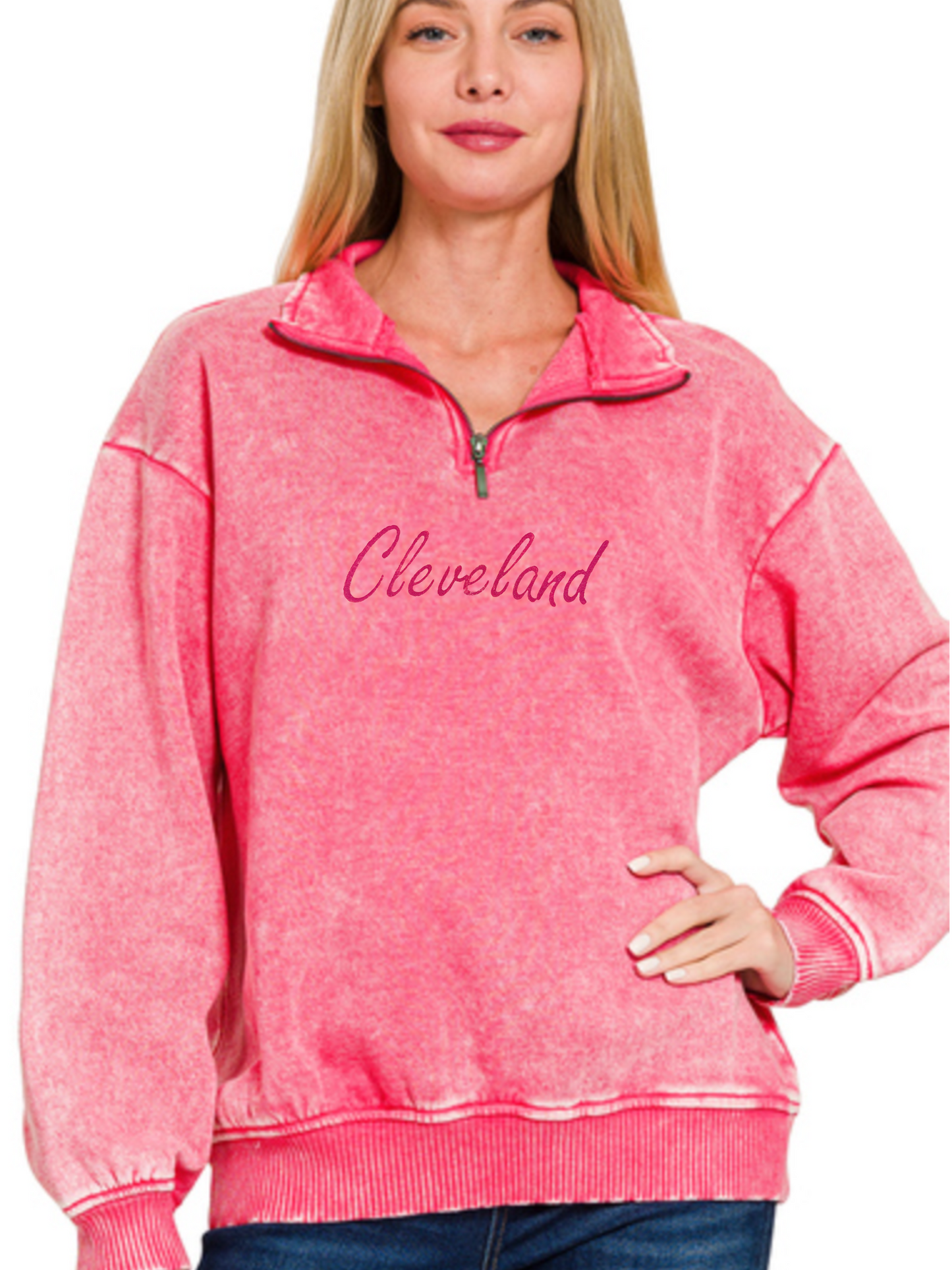 Script Cleveland Hand Stamped Quarter Zip Pullover