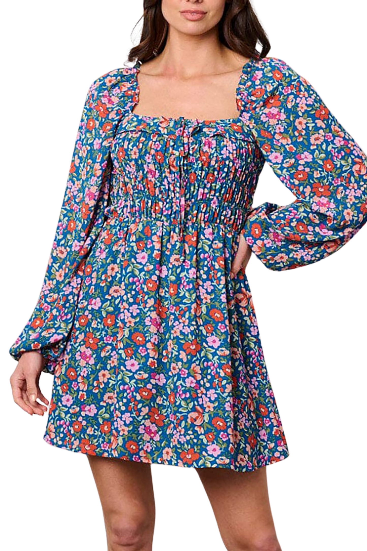 Floral Smocking Mesh Sleeve Dress