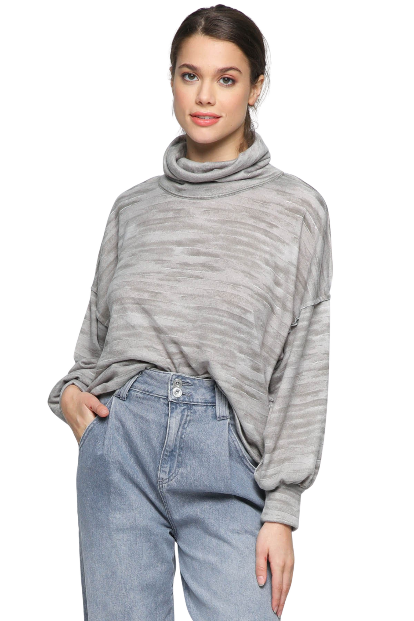 Cowl Neck Drop Shoulder Sweater with Abstract Stripes