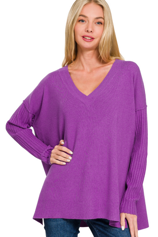 Ribbed Hem and Sleeve V Neck Sweater