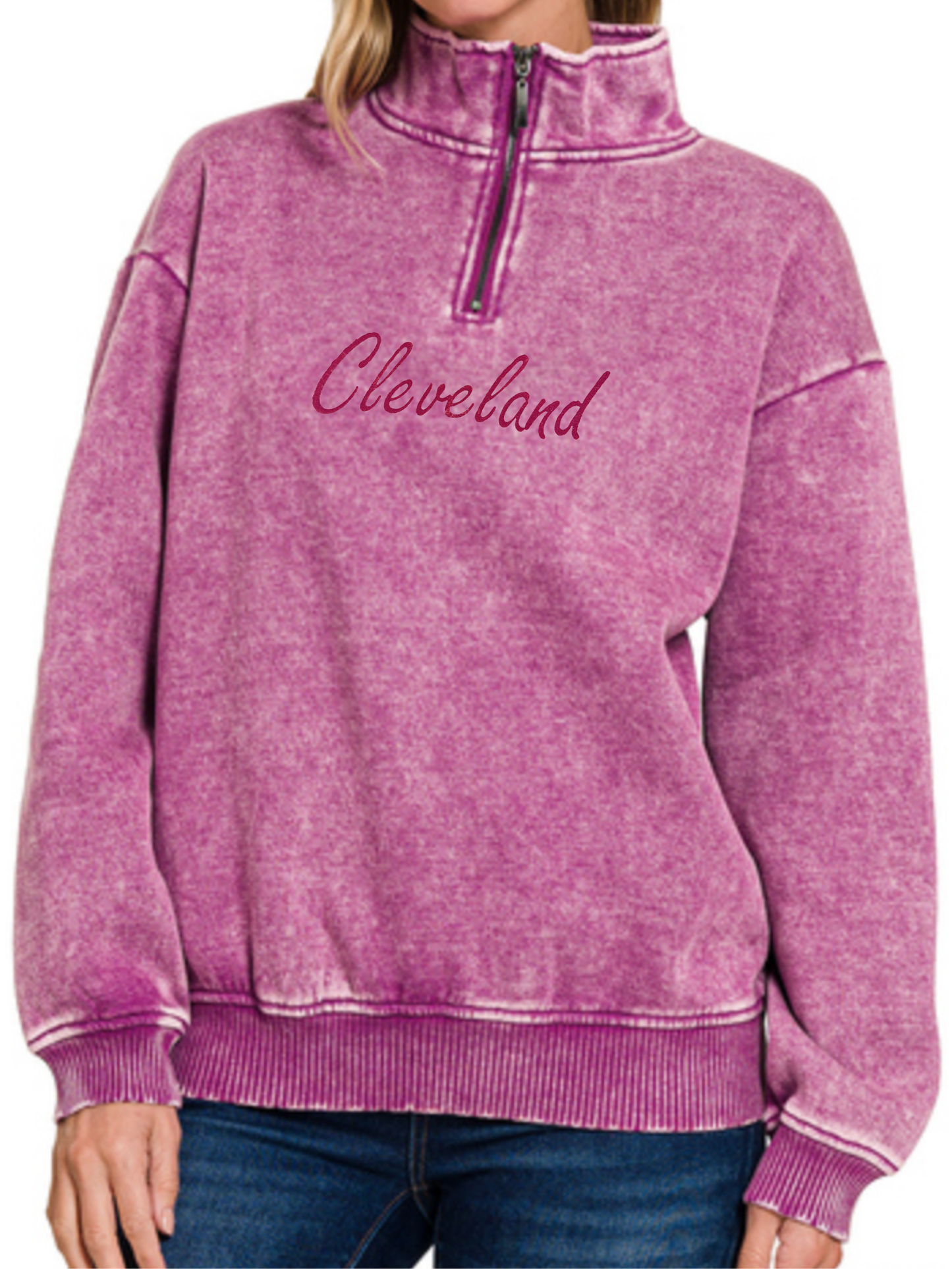 Script Cleveland Hand Stamped Quarter Zip Pullover