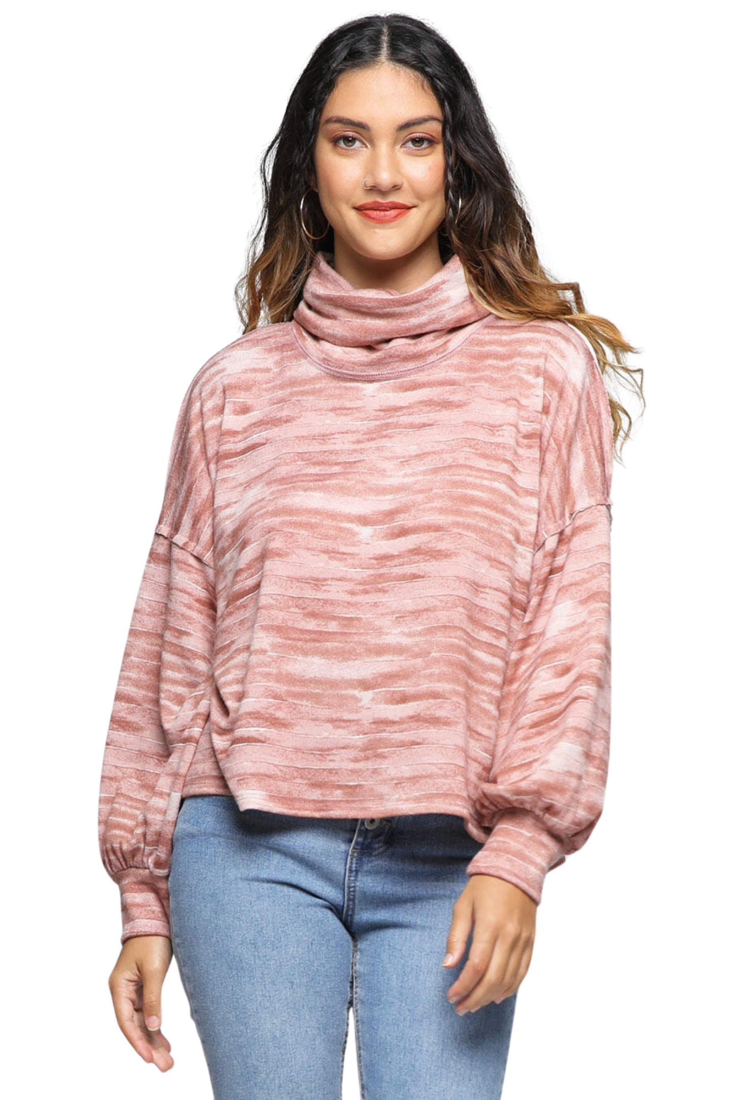 Cowl Neck Drop Shoulder Sweater with Abstract Stripes