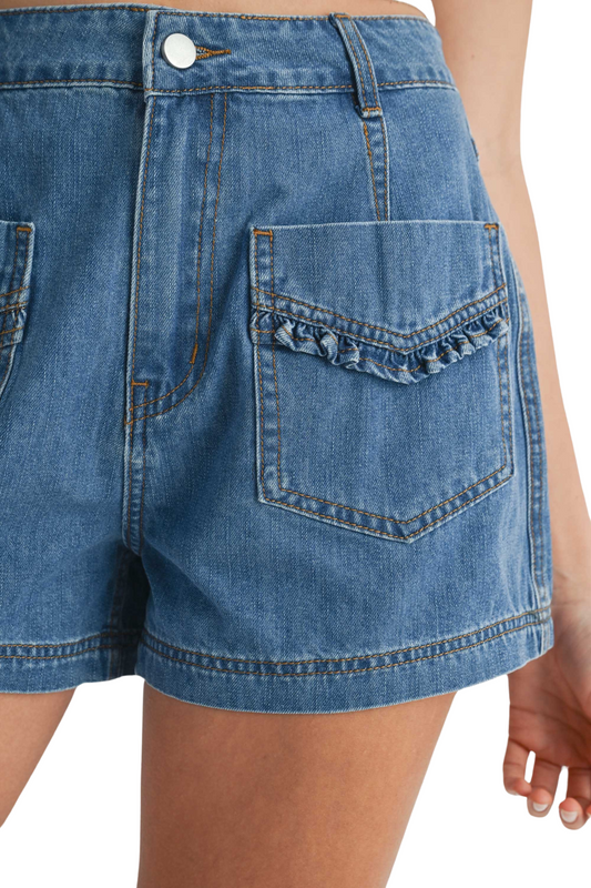 Ruffle Pocket Patch Detail Denim Shorts