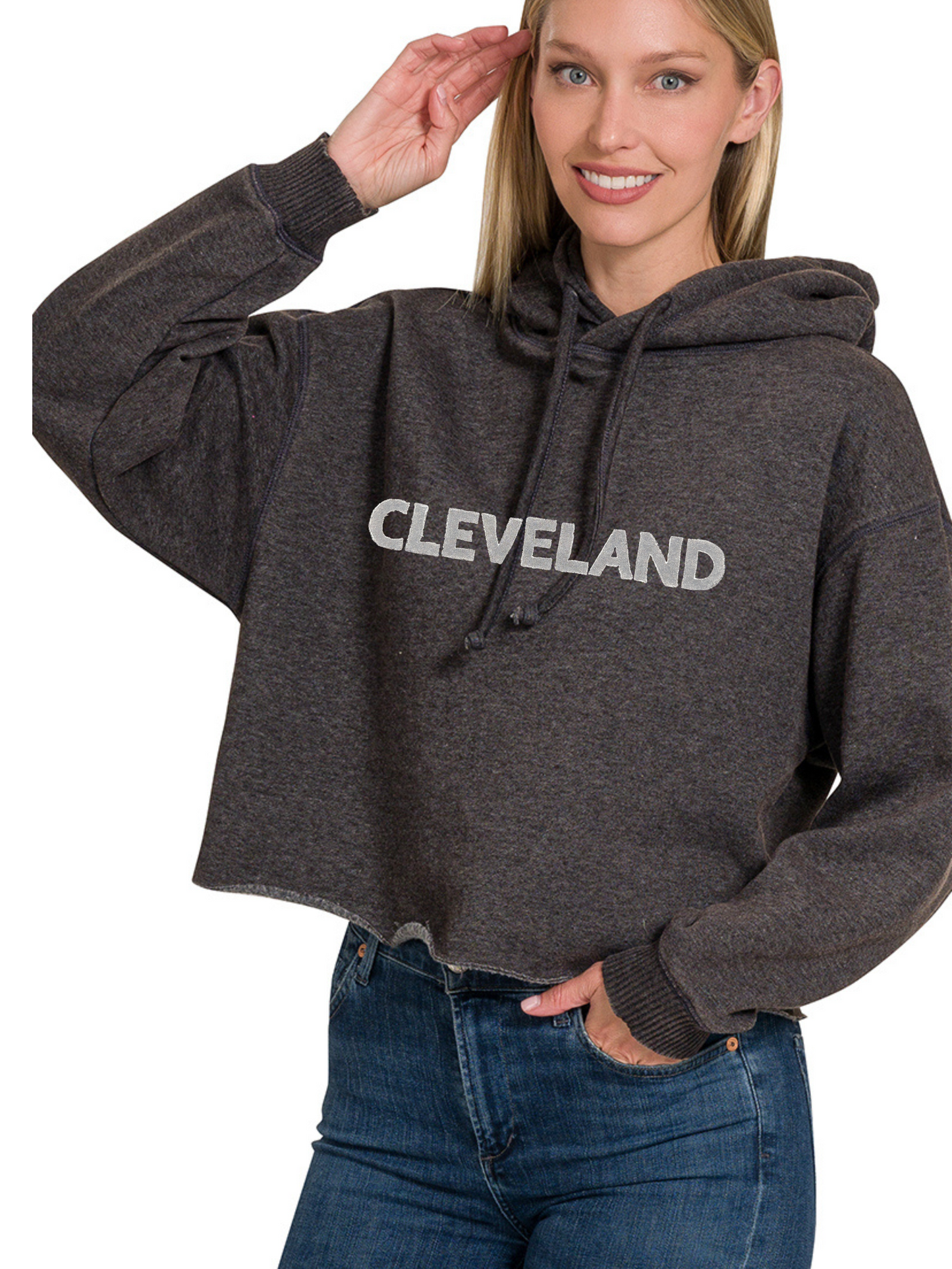 Cleveland Hand Stamped Cropped Hoodie