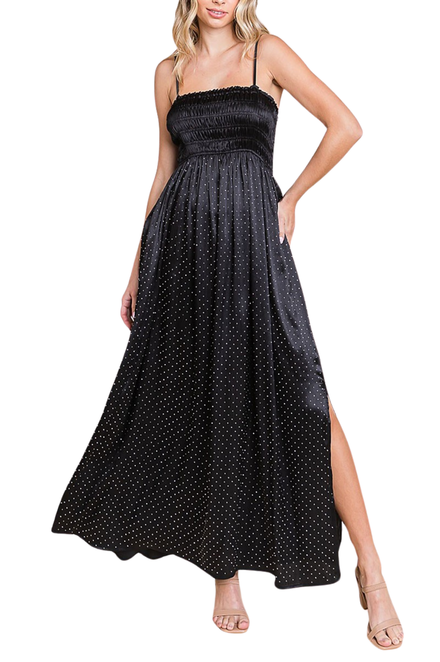 Silky & Rhinestone Smocked Maxi Dress