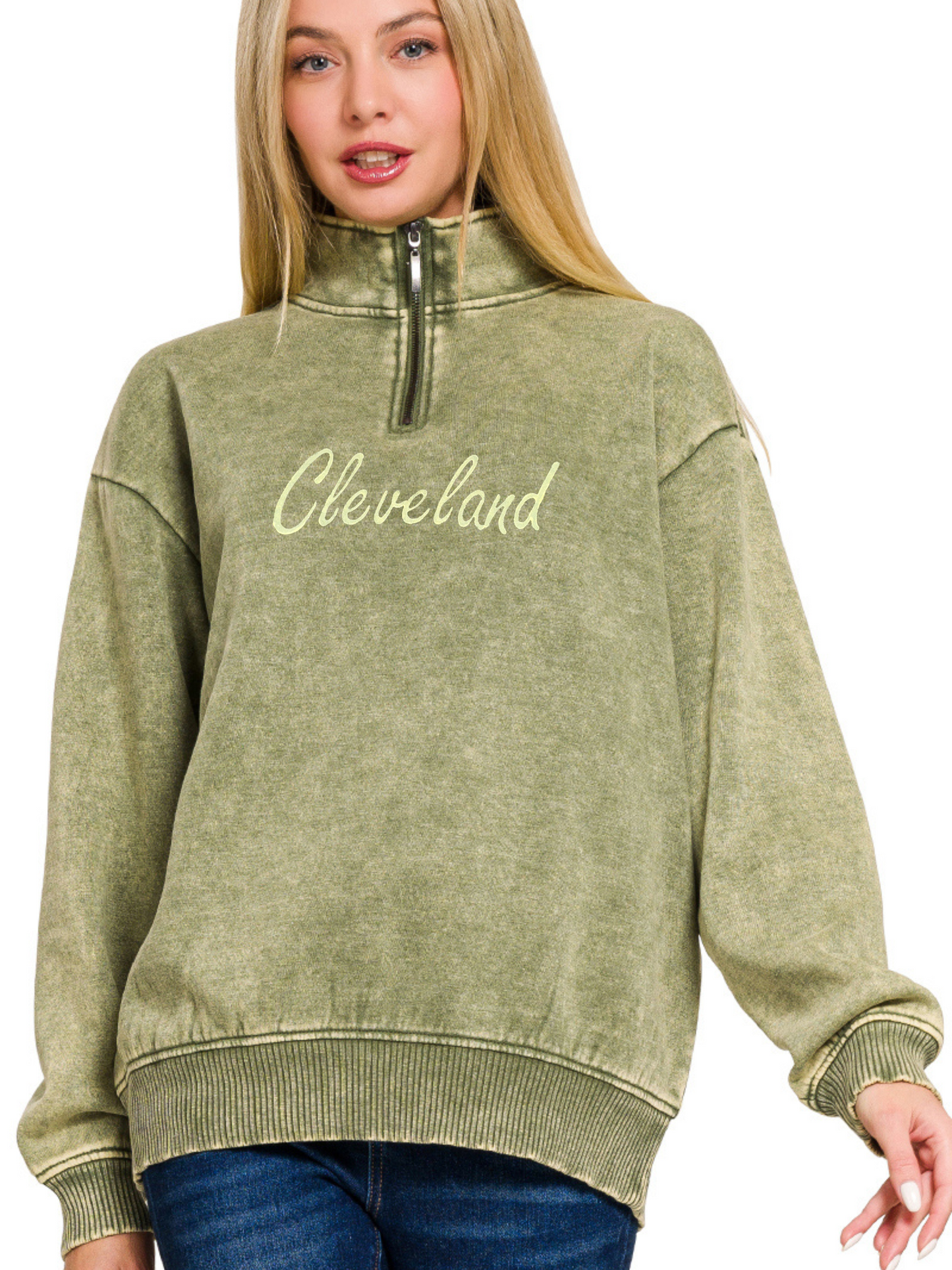 Script Cleveland Hand Stamped Quarter Zip Pullover