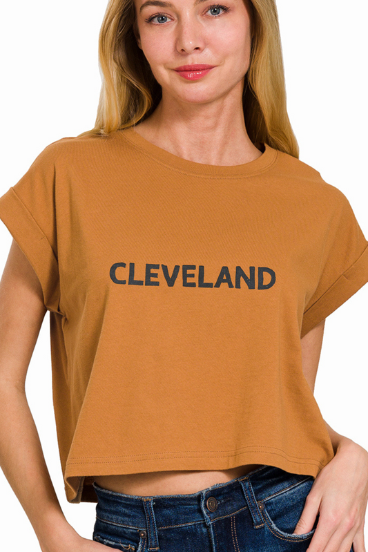 Hand Stamped Cleveland Rolled Sleeve Relaxed Cropped Tee