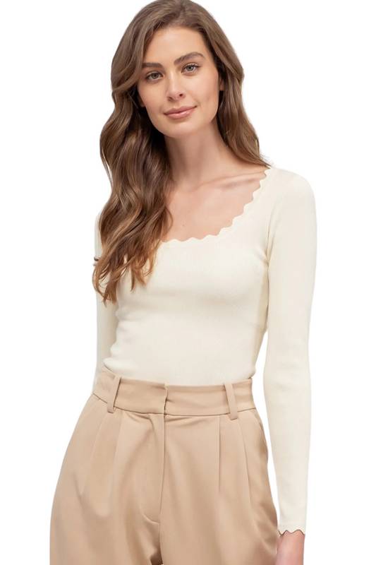 (Large) Scallop Trim Long Sleeve Ribbed Shirt