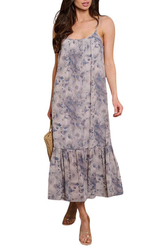 Abstract Floral Midi Dress with Ruffle Bottom