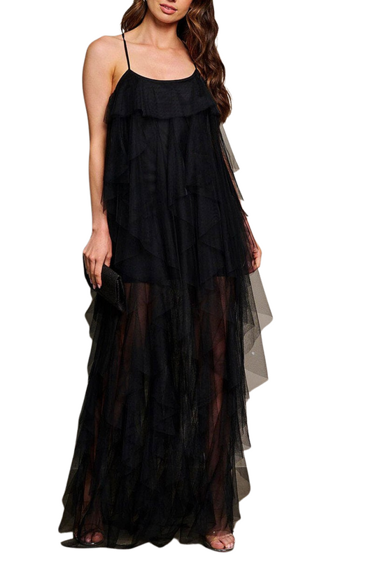 (Small) Tiered & Ruffle Mesh Maxi Dress