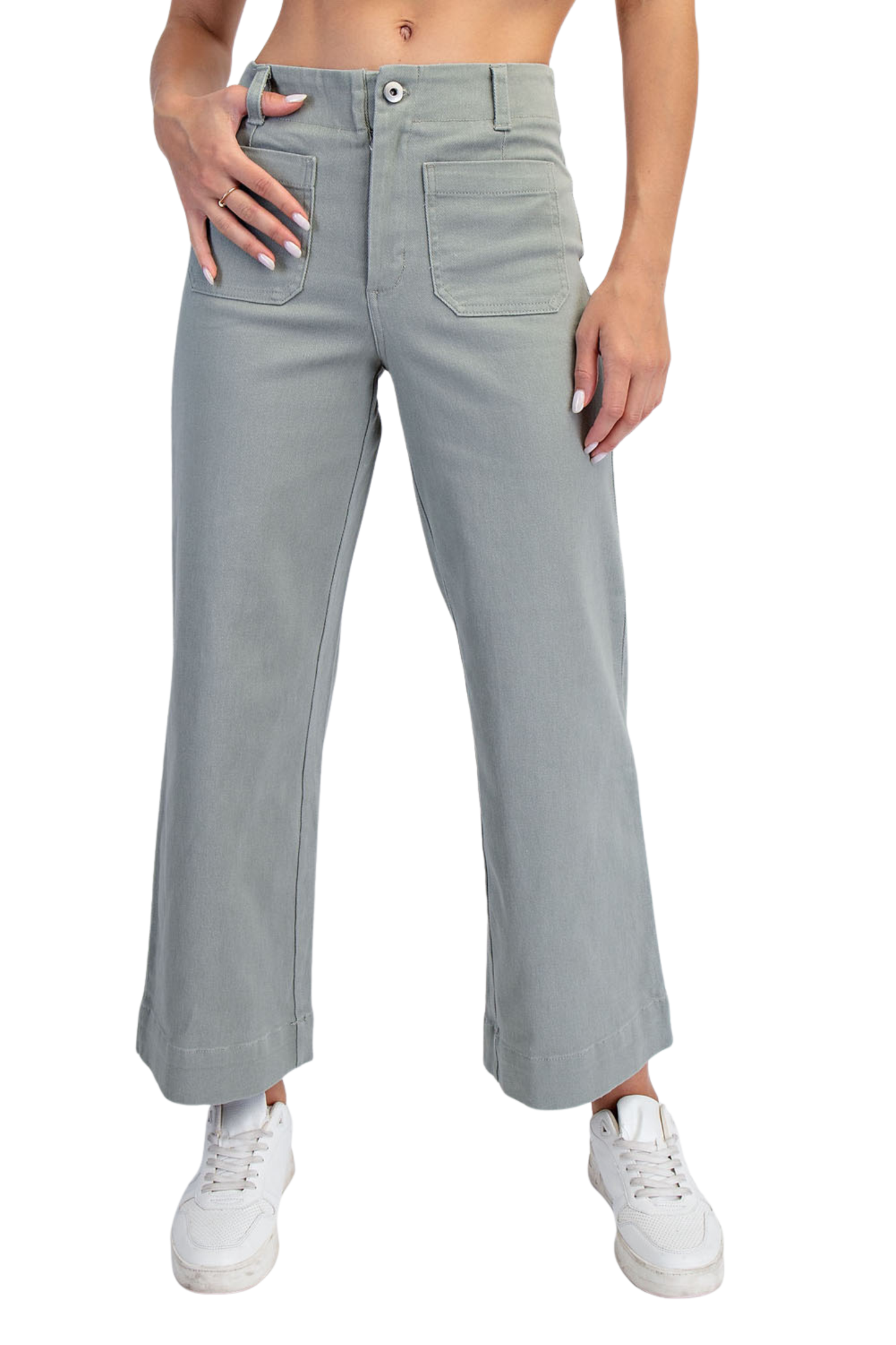 Cotton Twill Wide Leg Ankle Length Pants with Front Pockets