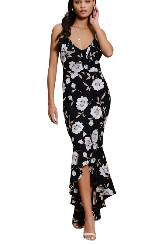 Floral Plunging V Neck Maxi Dress with Ruffled Hem