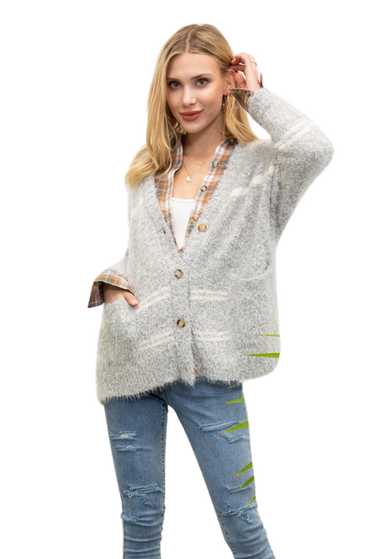 Relaxed V Neck Button Up Striped Cardigan