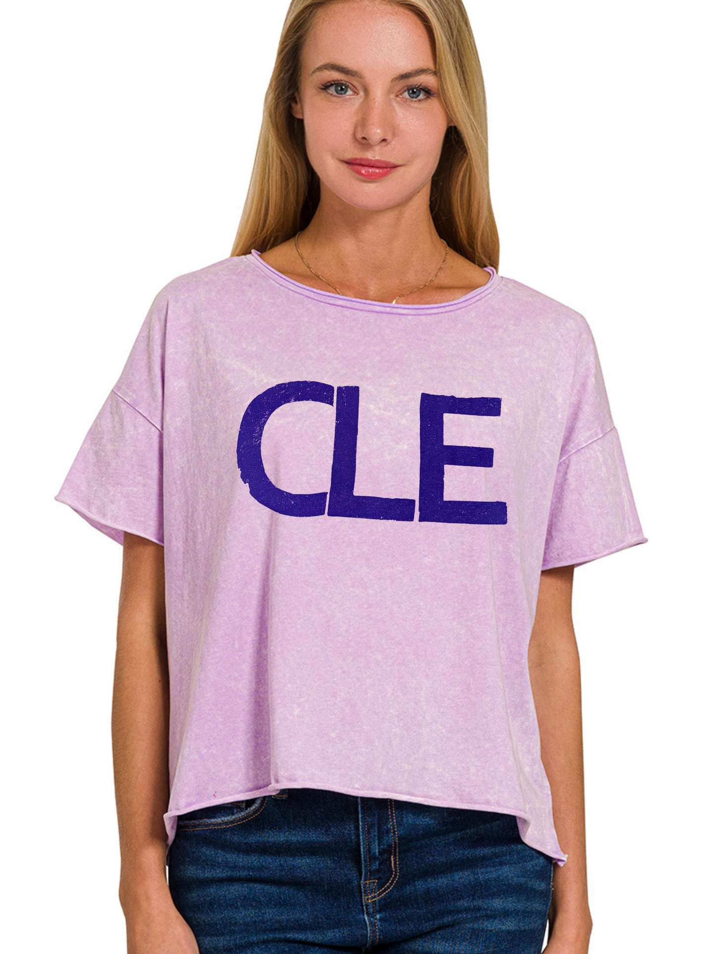 Hand Stamped CLE Acid Wash Semi-Crop Short Sleeve